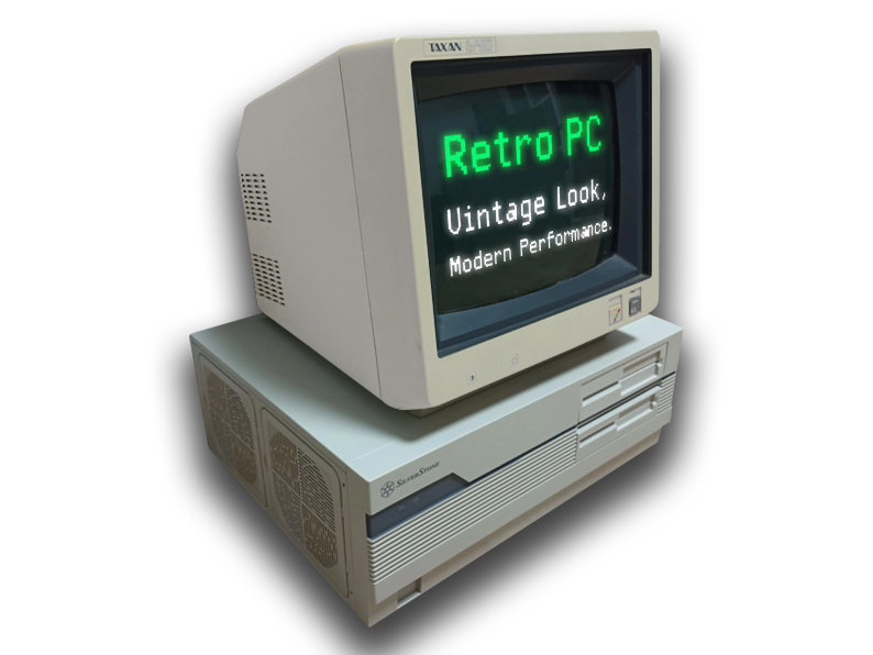 Retro desktop PC with CRT monitor displaying Vintage Look, Modern Performance; monitor not included.