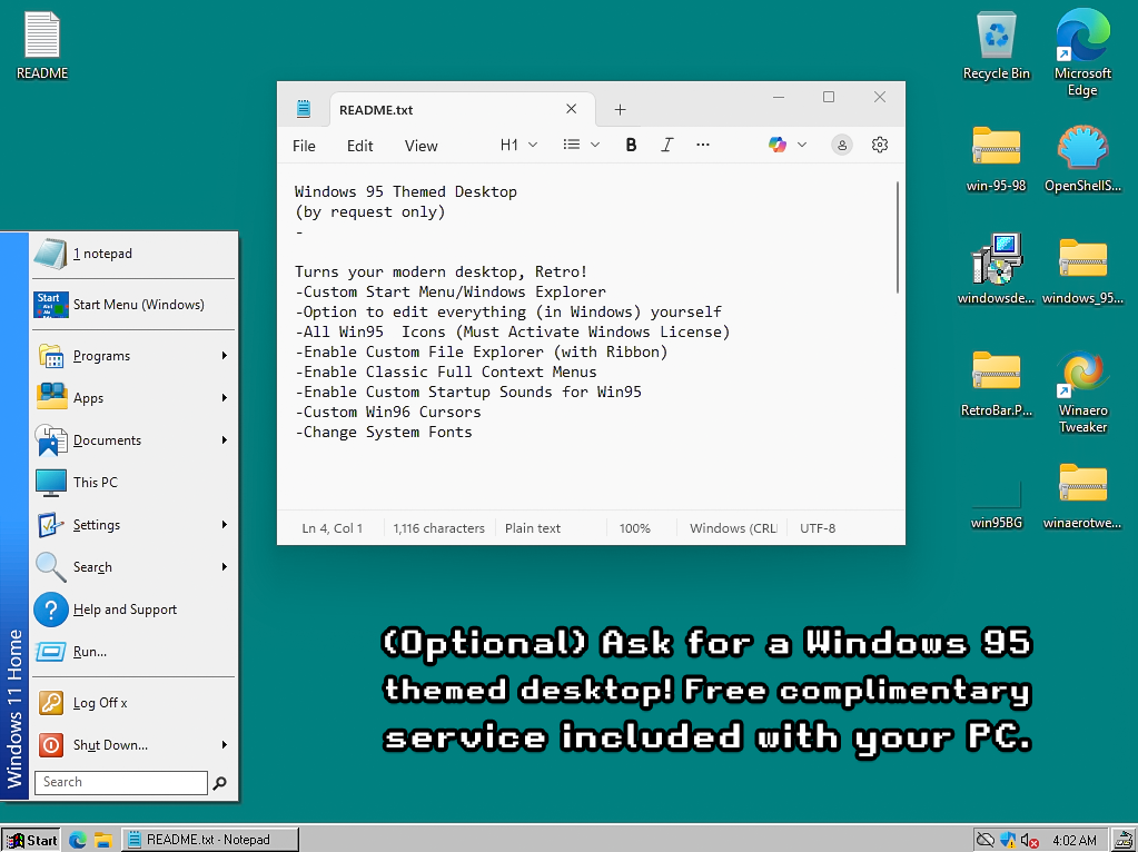Optional Windows 95 themed desktop with classic Start menu and teal background.